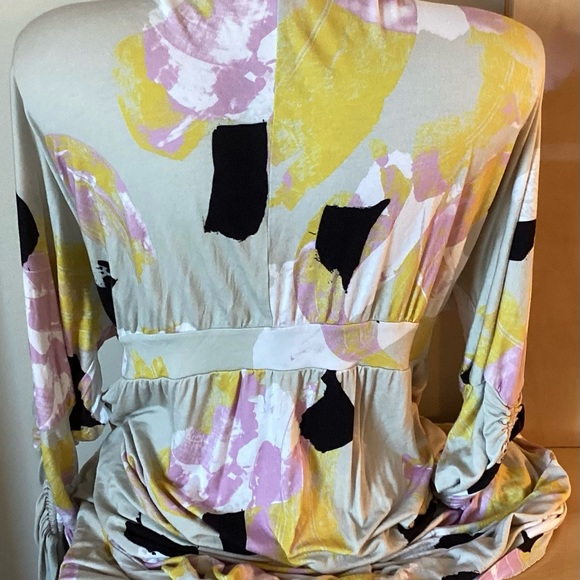 ASOS Batwing Abstract Print Wrap Dress Creme/Purple/Yellow Pattern - Picture 5 of 10